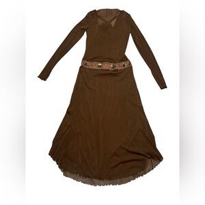 ELANNA KATTAN BOHO women’s brown long sleeves mesh lace up neck midi dress small